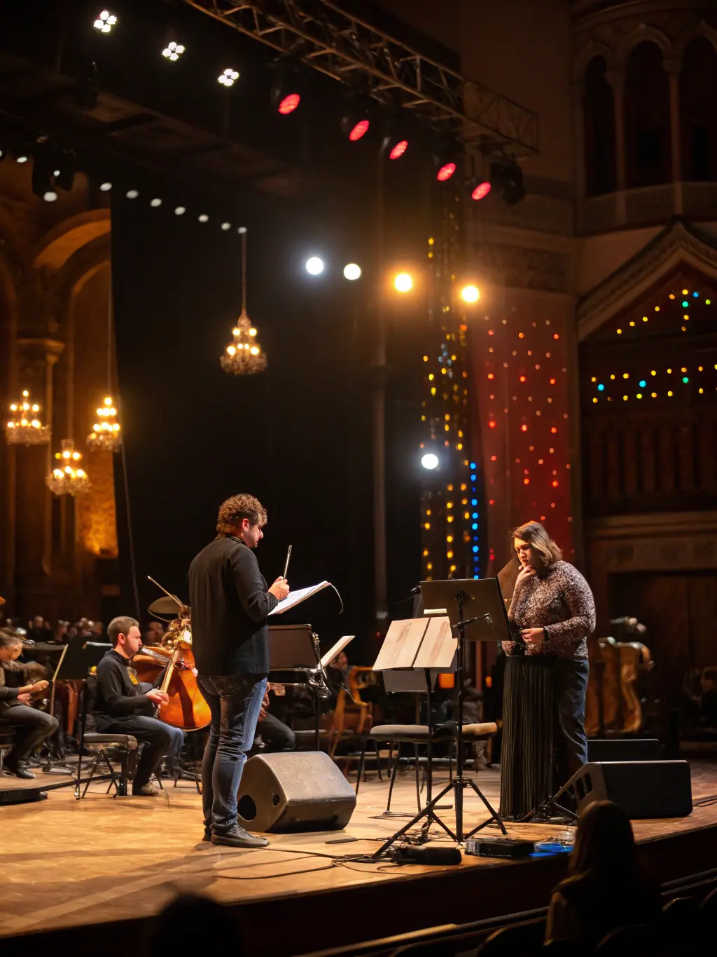 A photo of musicians rehearsing in a well-equipped practice room provided by ADM, complete with instruments and sound equipment.