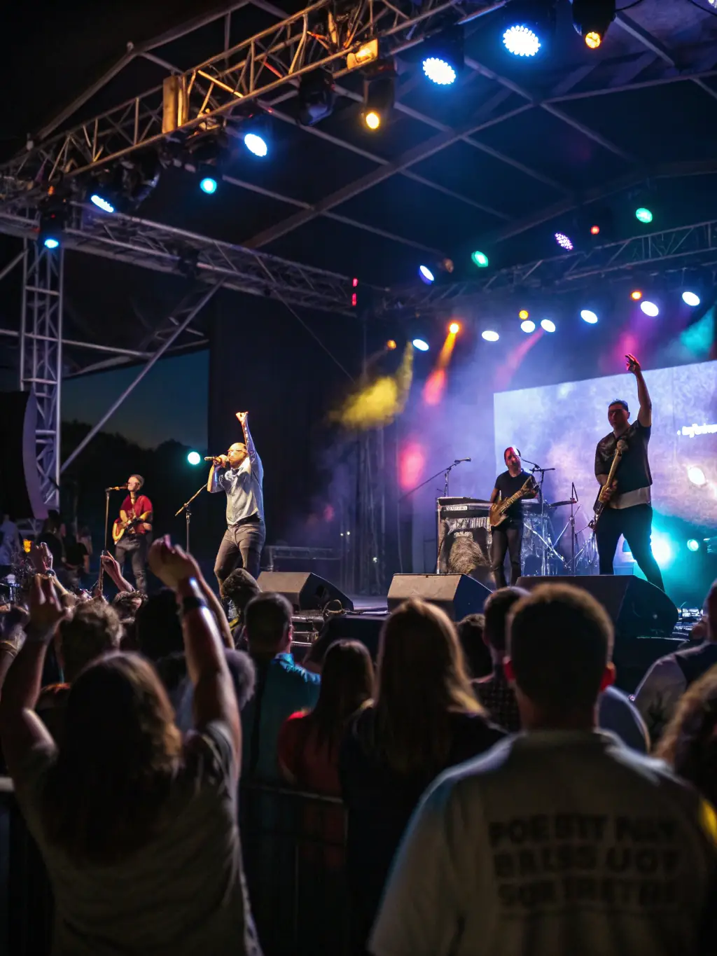 A vibrant photo capturing the energy of a live concert organized by ADM, featuring musicians on stage and an enthusiastic audience.