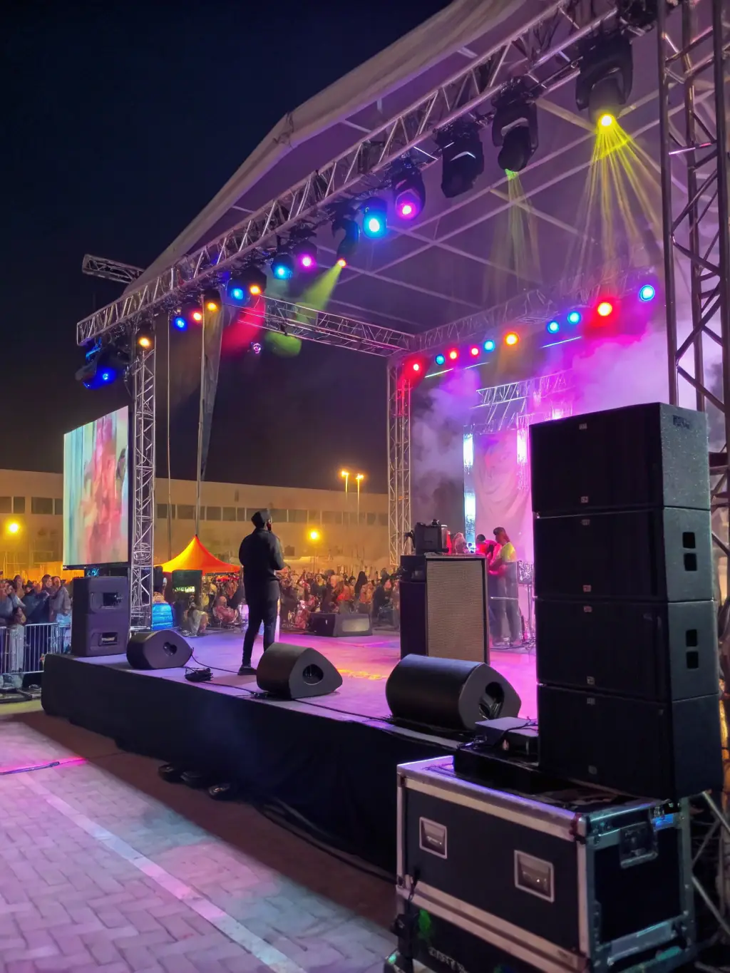 An image showcasing the interior of ADM's music venue, highlighting the stage, lighting, and audience seating arrangement.