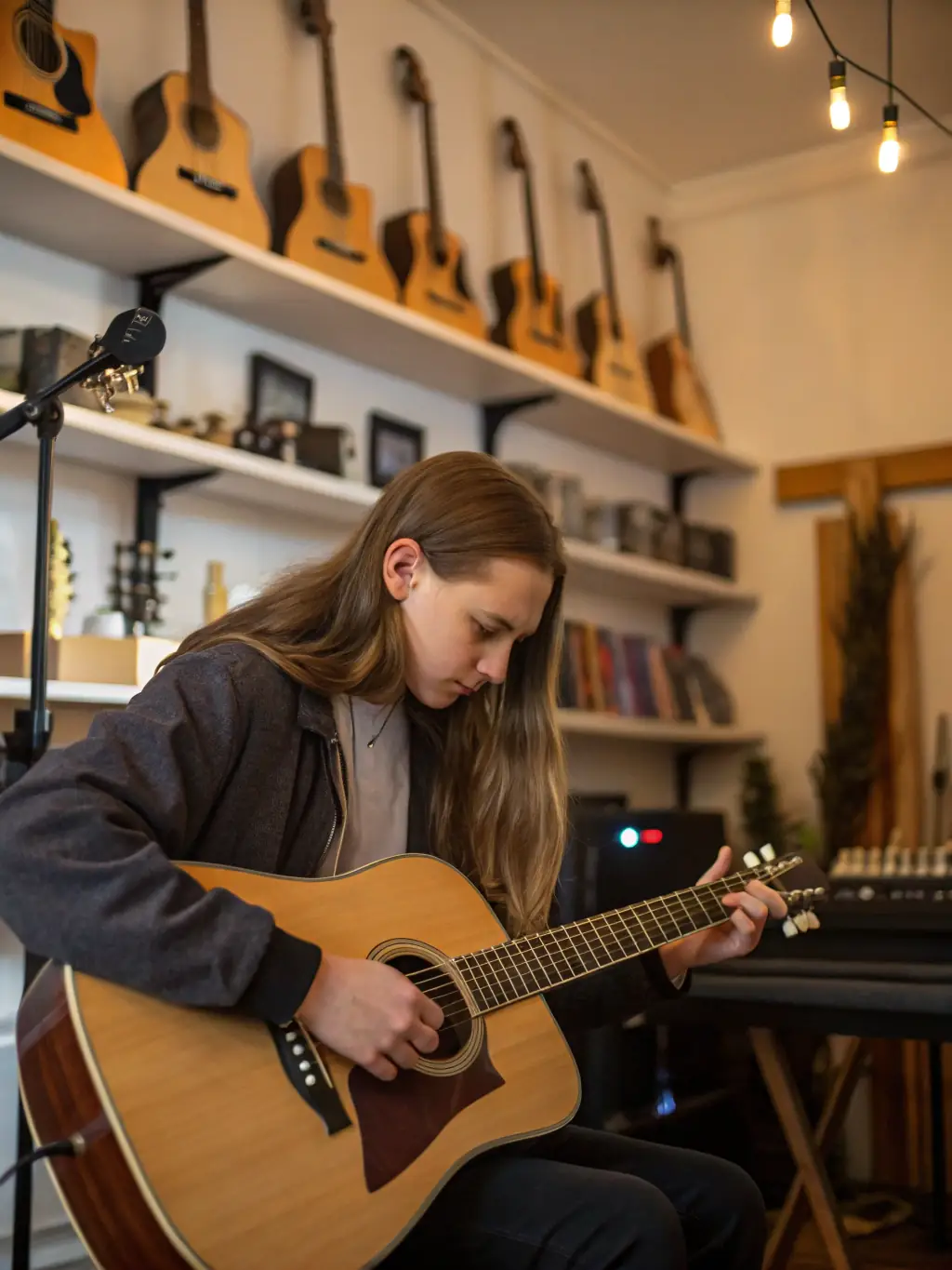 An artist working in a rehearsal space, surrounded by instruments and equipment, representing ADM's support for artistic creation.