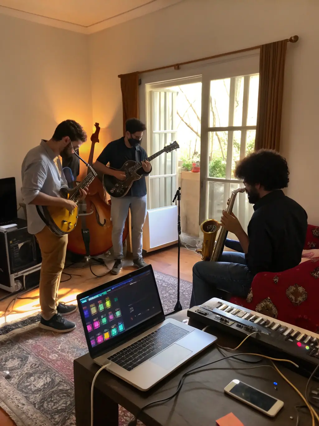 A group of musicians collaborating and rehearsing in a dedicated practice room, emphasizing ADM's commitment to supporting musical development.